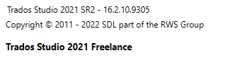 Trados Studio 2021 SR2 version 16.2.10.9305 information window showing copyright and product name 'Trados Studio 2021 Freelance'.