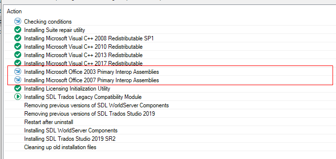 Screenshot of Trados Studio installation process with 'Installing Microsoft Office 2003 Primary Interop Assemblies' and 'Installing Microsoft Office 2007 Primary Interop Assemblies' options skipped, highlighted by a red rectangle.