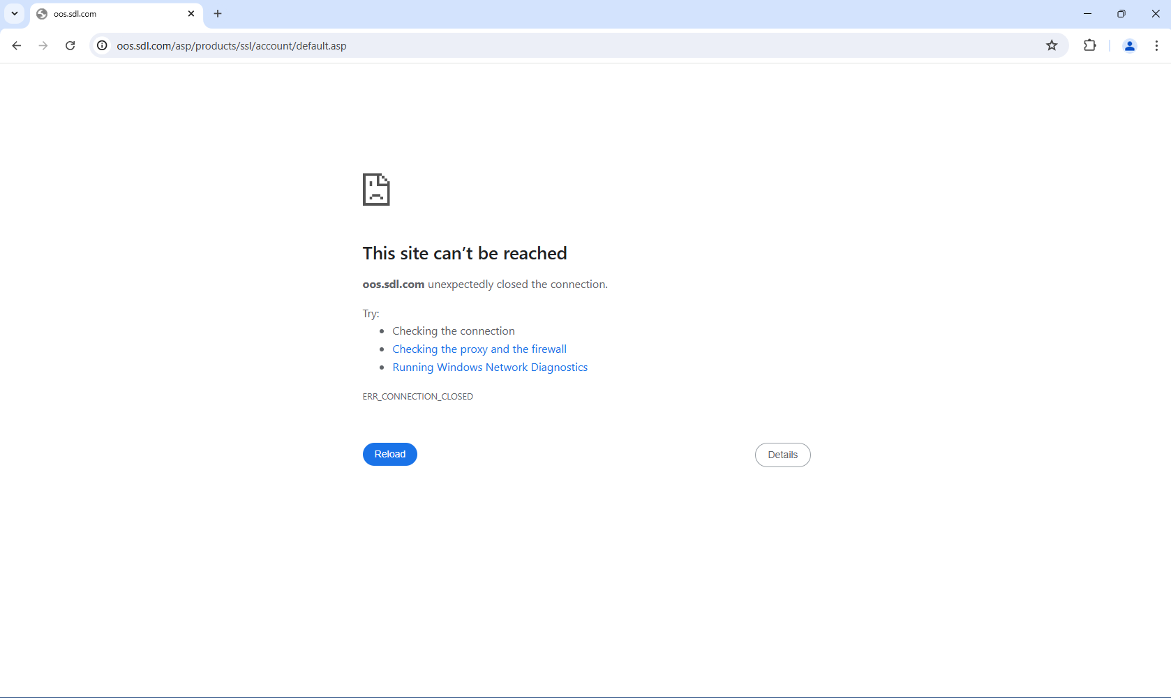 Error message in a web browser stating 'This site can't be reached, oos.sdl.com unexpectedly closed the connection.' Suggestions include checking the connection, checking the proxy and the firewall, and running Windows Network Diagnostics. Error code: ERR_CONNECTION_CLOSED.