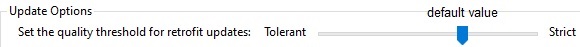 Trados Studio screenshot showing the Update Options section with a slider set between Tolerant and Strict, closer to Tolerant.