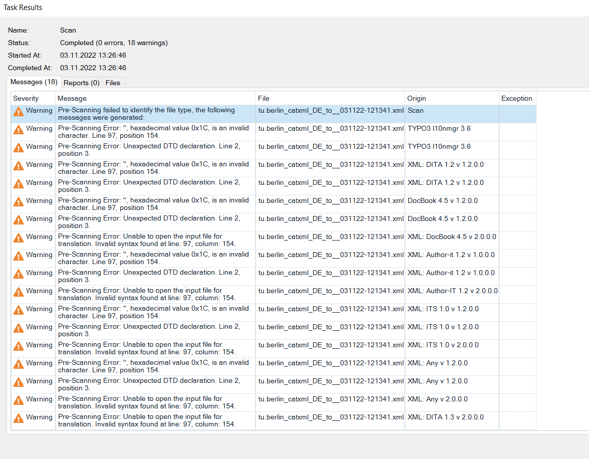 Screenshot of Trados Studio task results showing 0 errors and 18 warnings with details of each warning, including issues with hexadecimal value 0x1C, unexpected DTD declaration, and invalid syntax in an XML file.