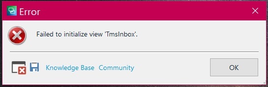 Error dialog box with red 'X' icon, displaying message 'Failed to initialize view 'TmsInbox'.' with 'Knowledge Base' and 'Community' buttons and an 'OK' button.