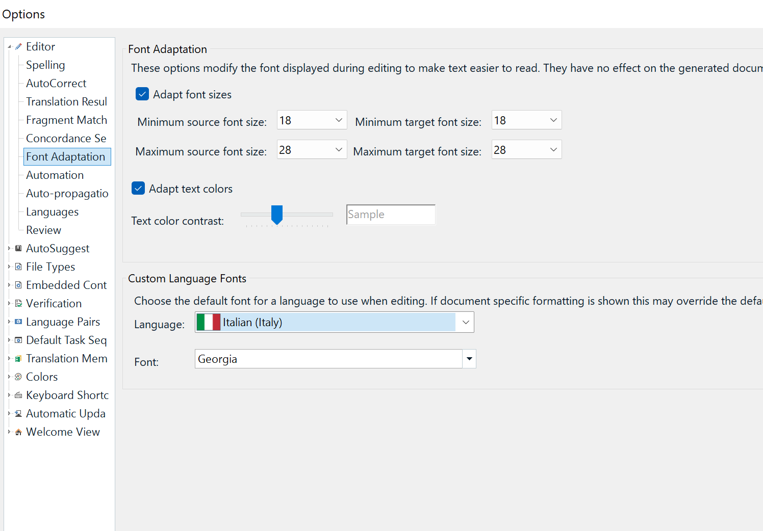 Trados Studio options menu showing Font Adaptation settings with 'Adapt font sizes' checked and 'Custom Language Fonts' set to Italian with font Georgia.