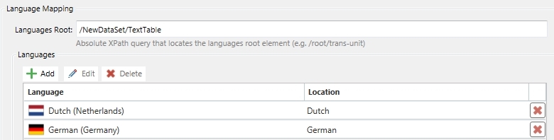 Trados Studio Language Mapping settings showing Dutch (Netherlands) and German (Germany) added with their respective locations.