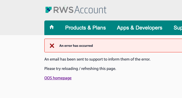 RWS Account error message stating 'An error has occurred' with instructions to reload or refresh the page and a note that an email has been sent to support.