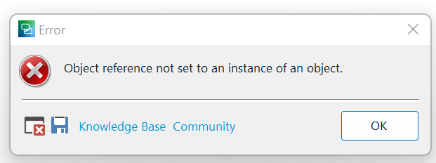 A pop-up error message in Trados Studio with a red cross icon indicating 'Object reference not set to an instance of an object.'