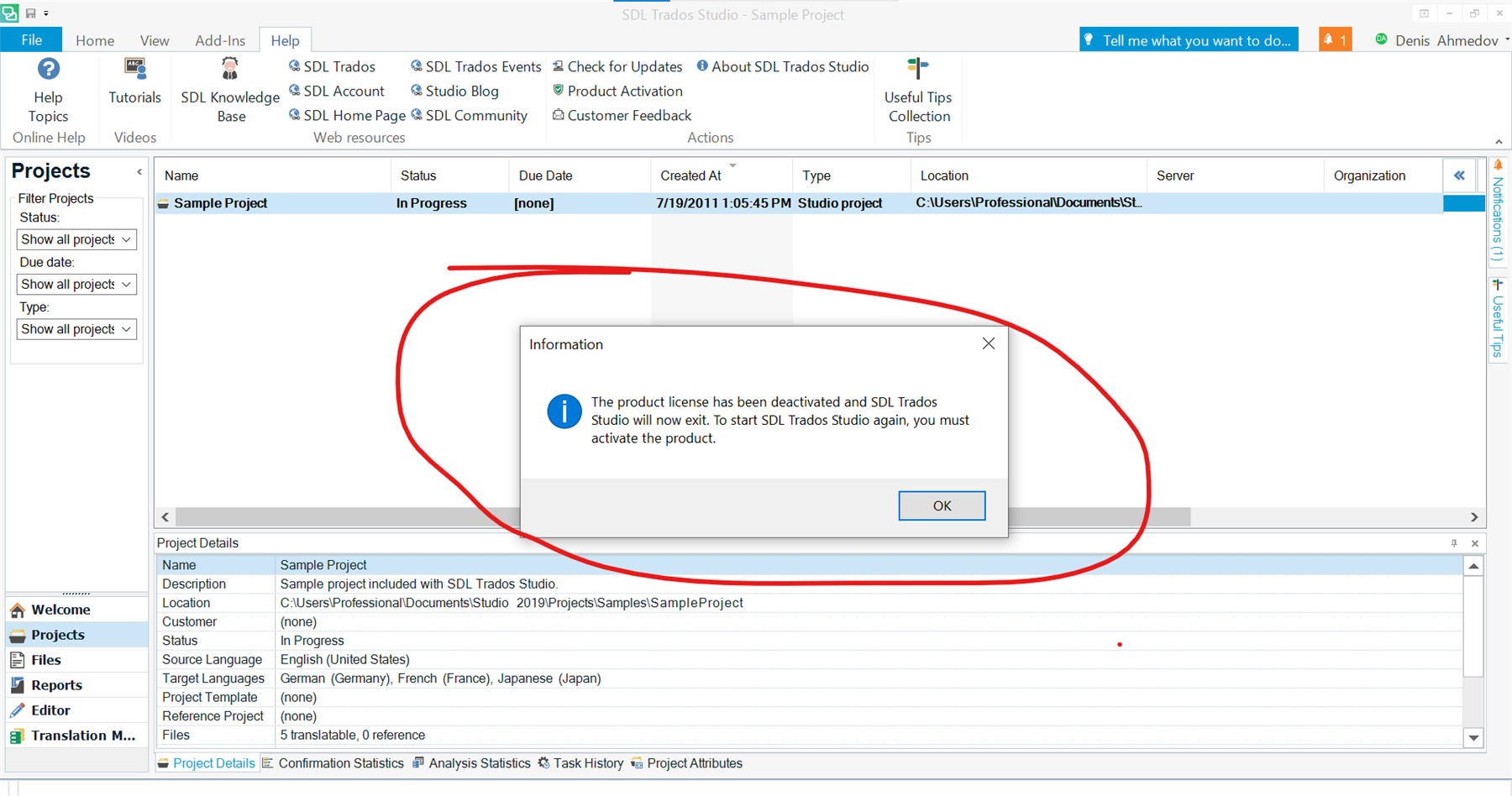 Error message in Trados Studio stating 'The product license has been deactivated and SDL Trados Studio will now exit. To start SDL Trados Studio again, you must activate the product.' with an OK button.
