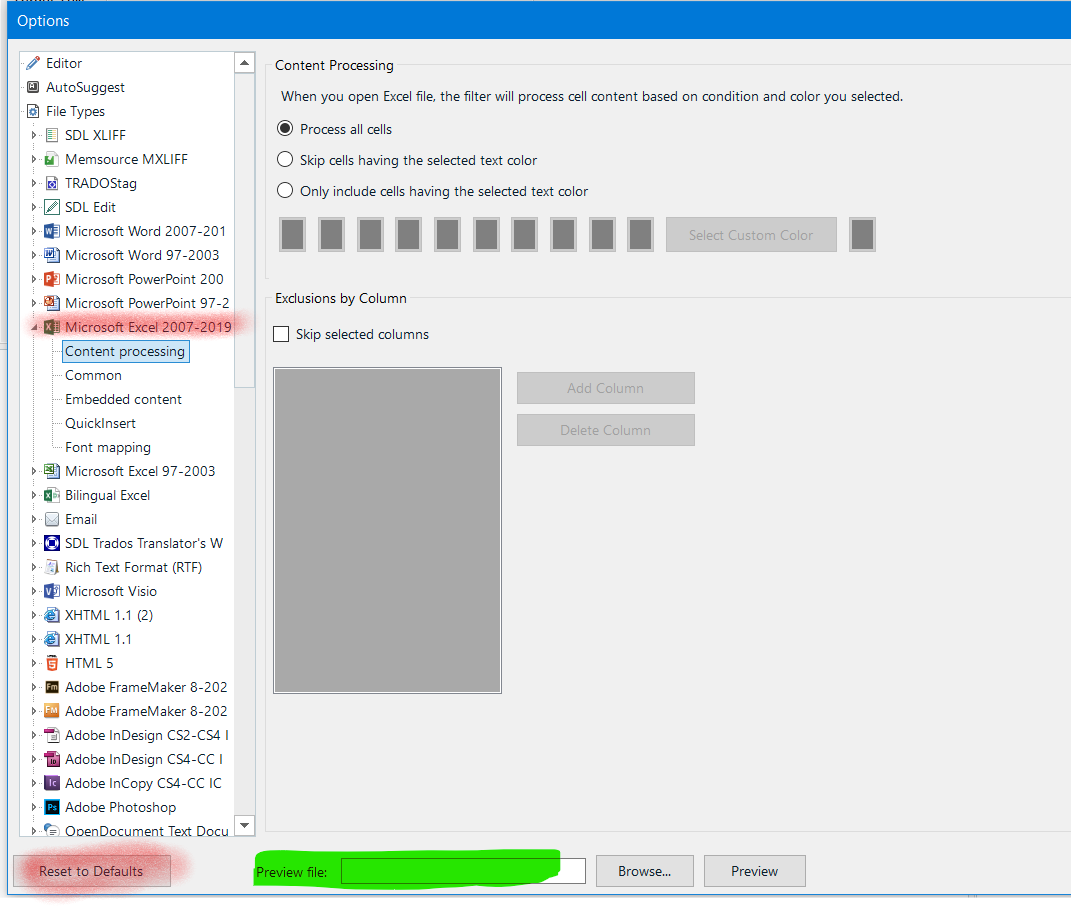 Trados Studio options menu showing 'Microsoft Excel 2007 - 2019' file type selected with content processing options and 'Reset to Defaults' button highlighted.