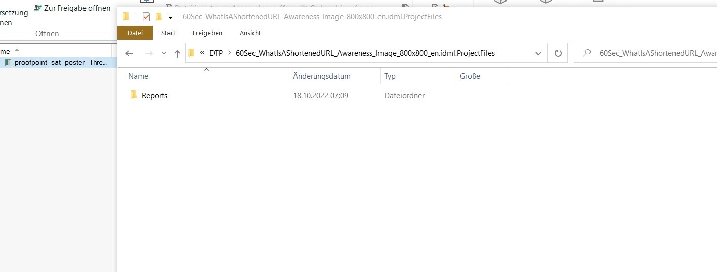 Screenshot of a file explorer window with a single folder named 'Reports' inside a '60Sec_WhatIsAShortenedURL_Awareness' project folder.