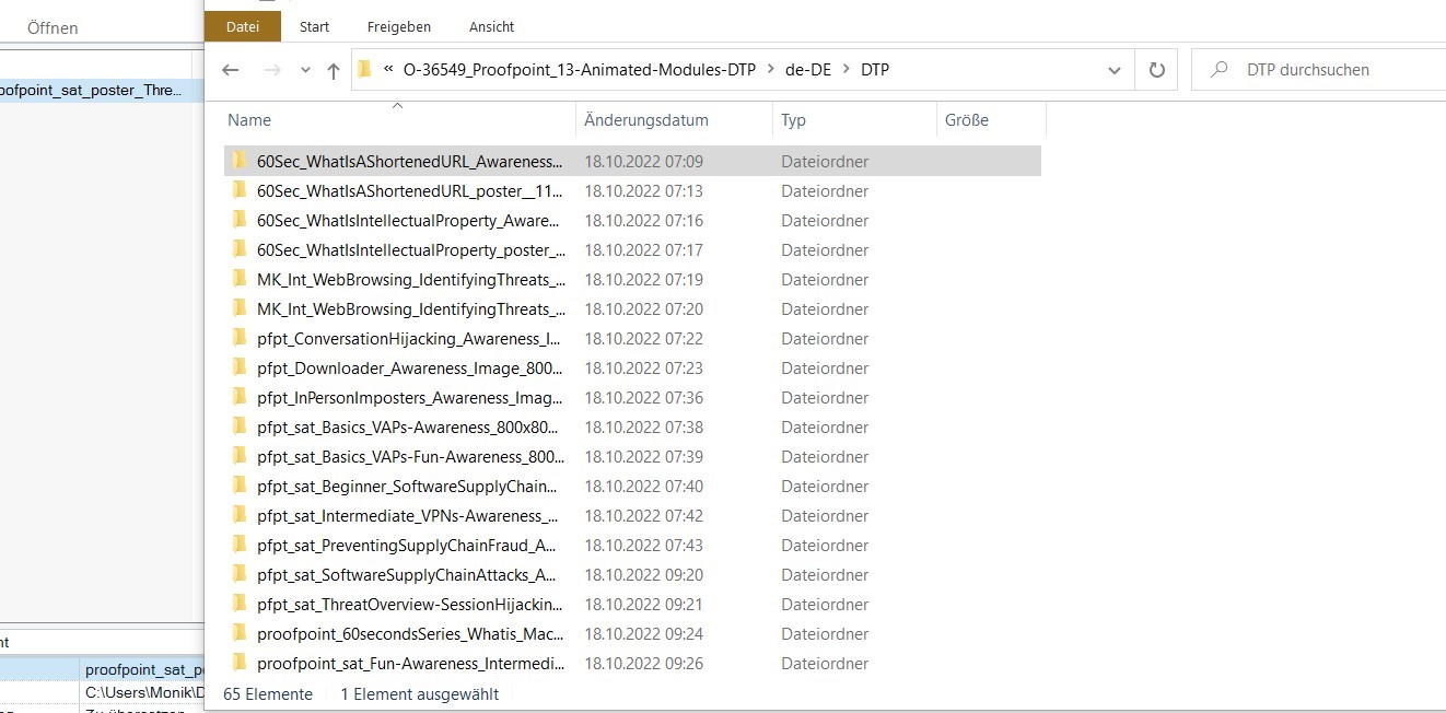 Screenshot of a file explorer window showing multiple folders named with '60Sec', 'MK_Int', 'pfpt', and 'proofpoint_sat' indicating different project files.