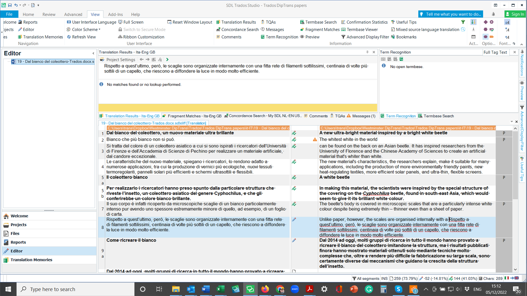 Screenshot of Trados Studio editor with tags displayed in the text. The source text in Italian is on the left, and the target text in English is on the right. No errors or warnings are visible.