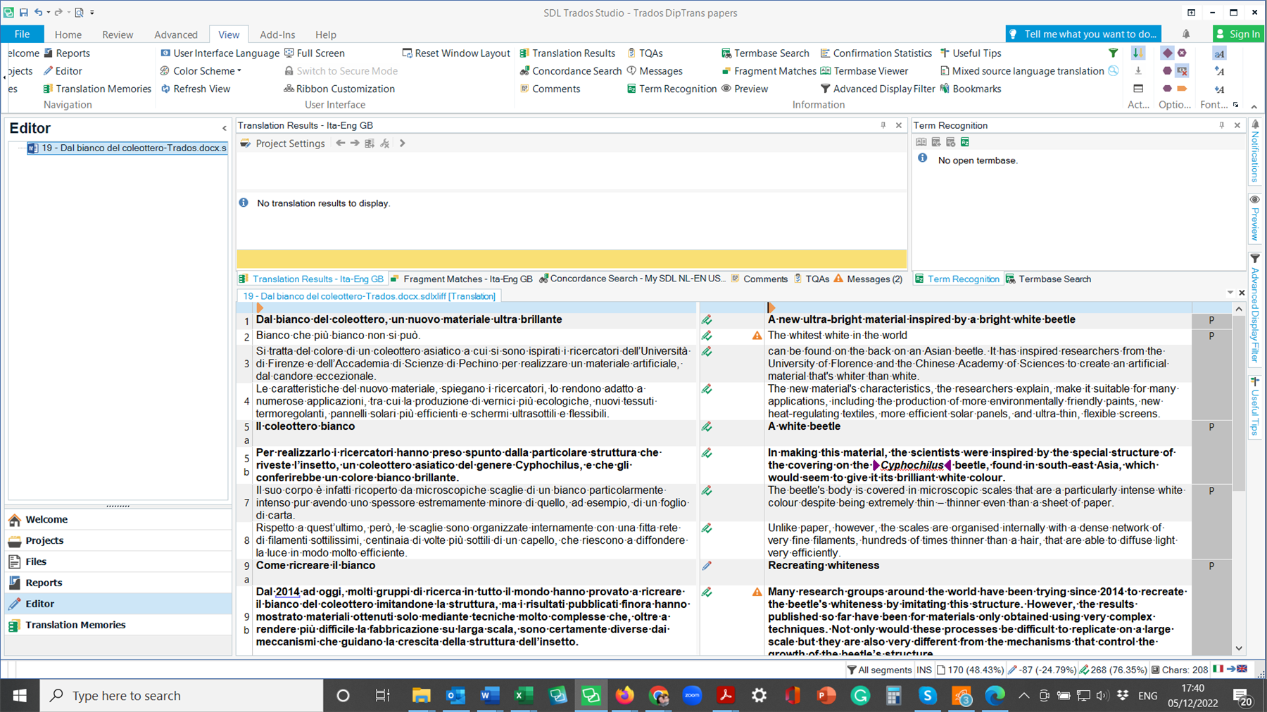 Screenshot of Trados Studio software showing a translation project. An orange triangle warning symbol appears indicating no translation results to display.