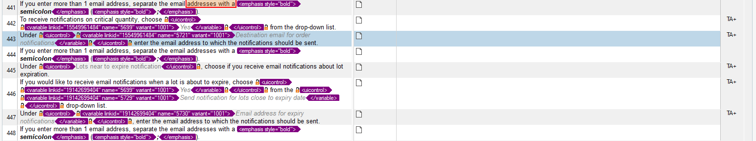 Screenshot of Trados Studio with highlighted XML validation error in segment 443, indicating an issue with destination email for order notifications.
