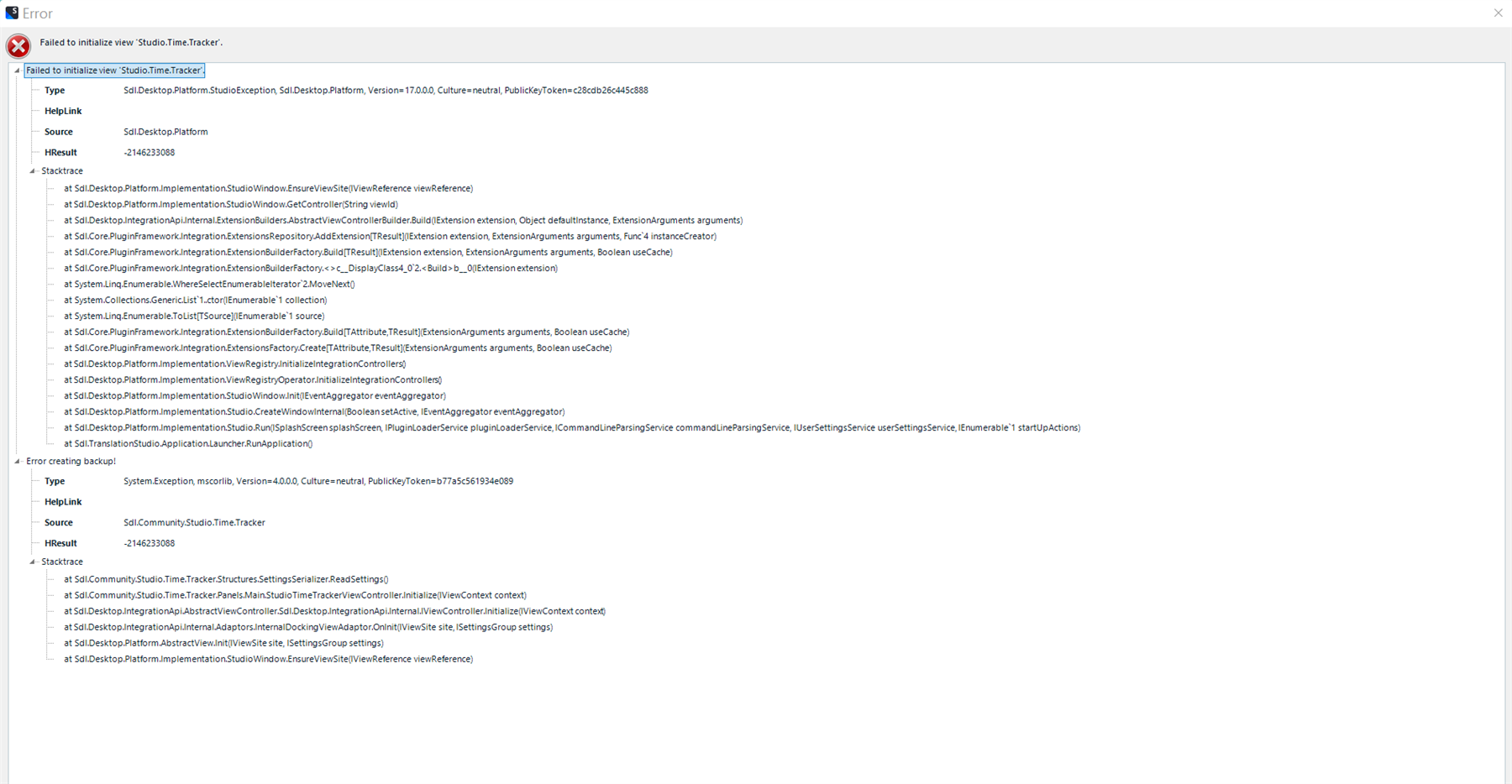 Error message window showing 'Failed to initialize view: Studio.Time.Tracker' with a detailed stack trace of the error.