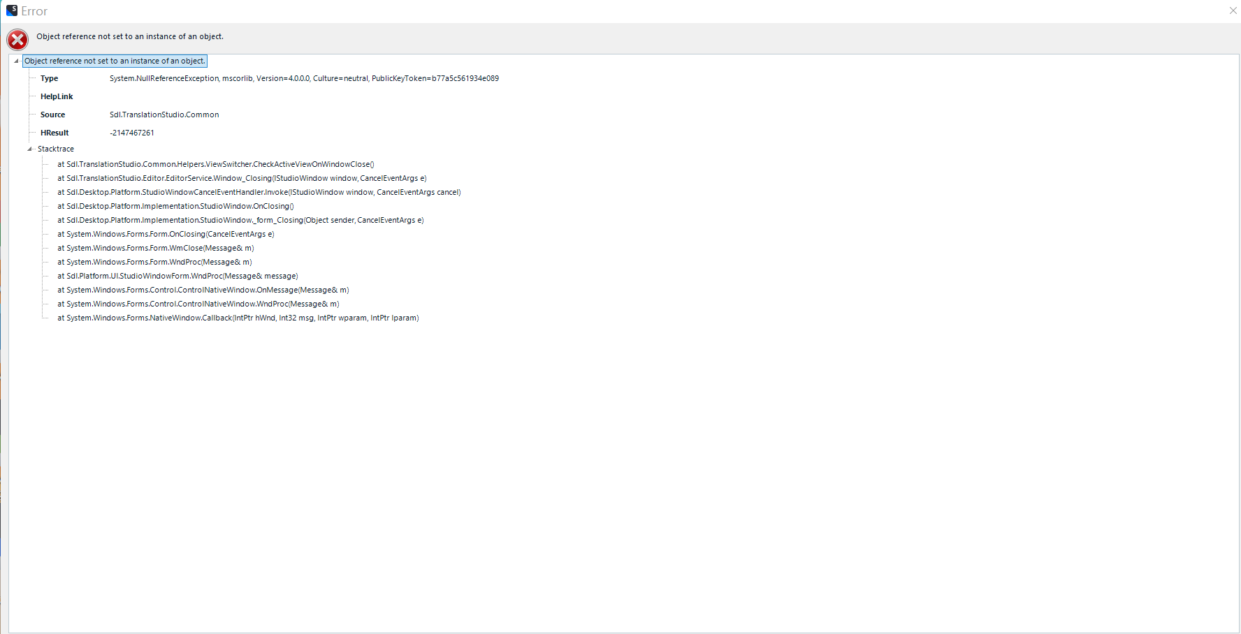 Error message window showing 'Error creating backup!' with a detailed stack trace including references to Studio.Time.Tracker.