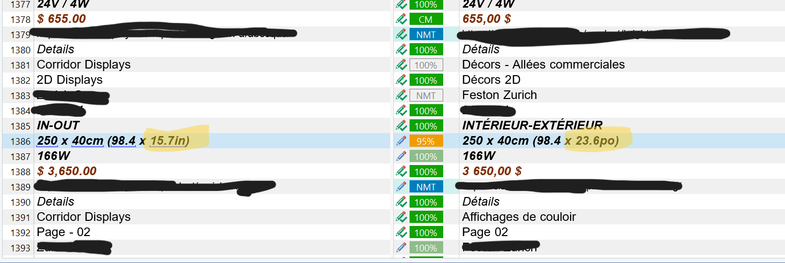 Screenshot of Trados Studio showing a measurement conversion error where '250 x 40cm (98.4 x 15.7in)' in English is incorrectly converted to '250 x 40cm (98.4 x 23.6po)' in French.