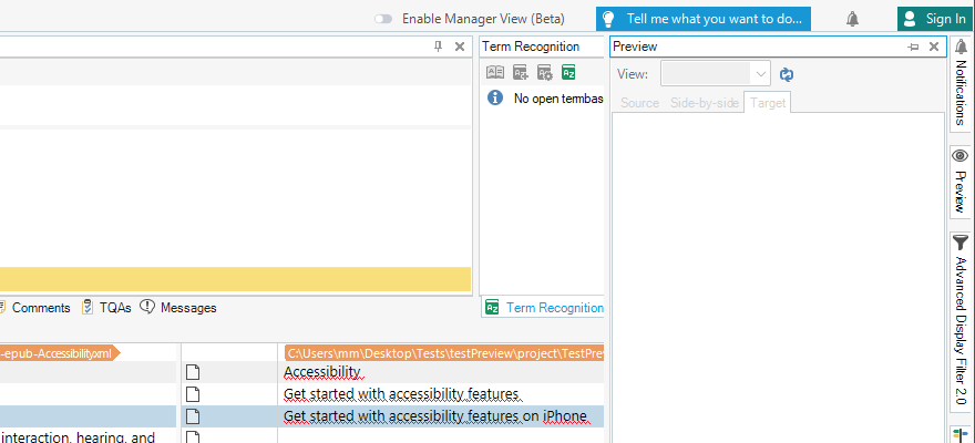 Screenshot of Trados Studio with a blank preview panel in the translation editor, showing file path 'C:UsersnmDesktopTeststestPreviewprojectTestPreviewepub-Accessibility.xml'.