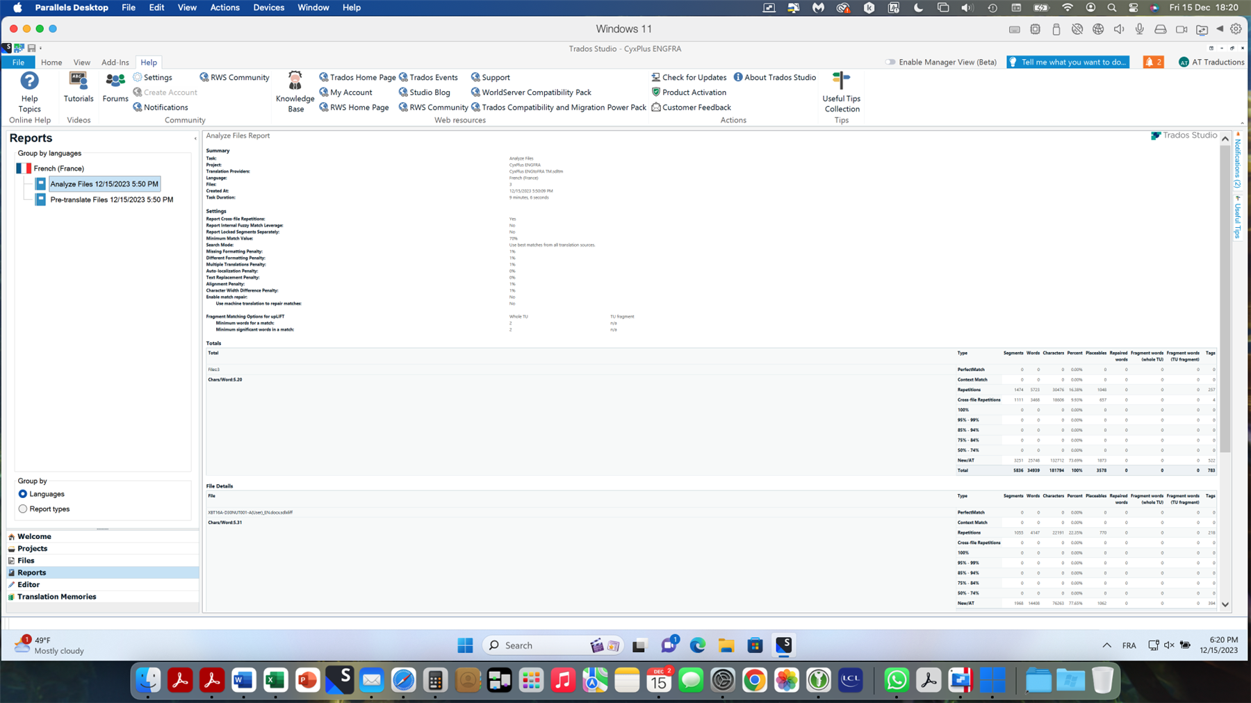 Screenshot of Trados Studio 2022 Reports page with small font size making text partly illegible. The Reports page displays 'Analyze Files Report' and 'Pre-translate Files' with summary and settings details.