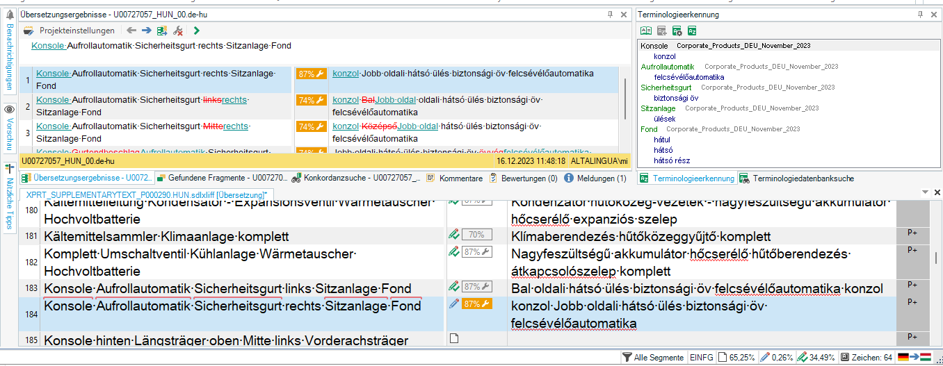 Screenshot of Trados Studio interface showing segments 183 and 184 with translation match percentages. Segment 184 does not suggest the recent translation from segment 183.