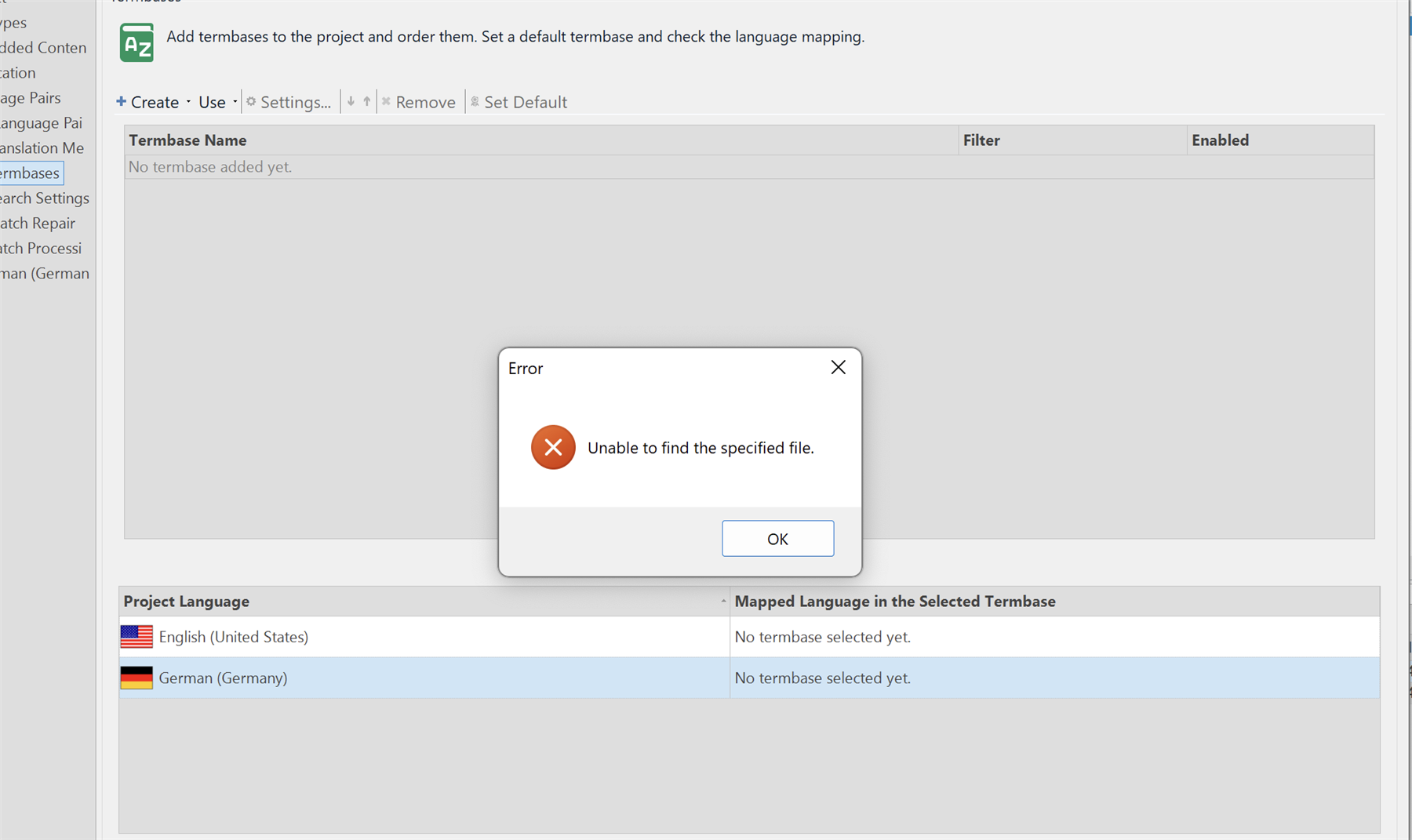 Error message in Trados Studio when trying to connect a termbase file, stating 'Unable to find the specified file.'