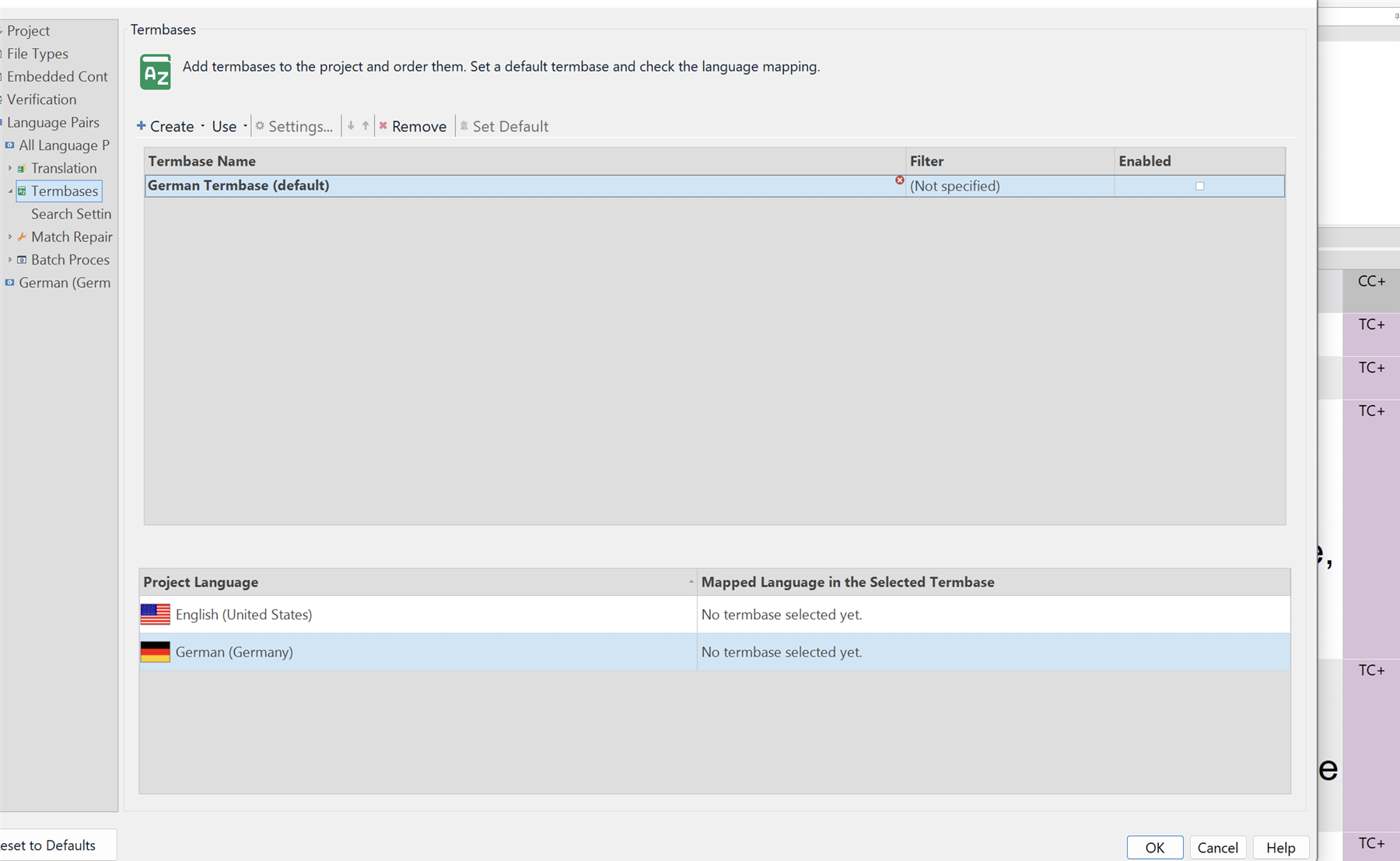 Trados Studio termbase view showing 'German Termbase (default)' with a small x in the corner and no check mark in the 'Enabled' box.