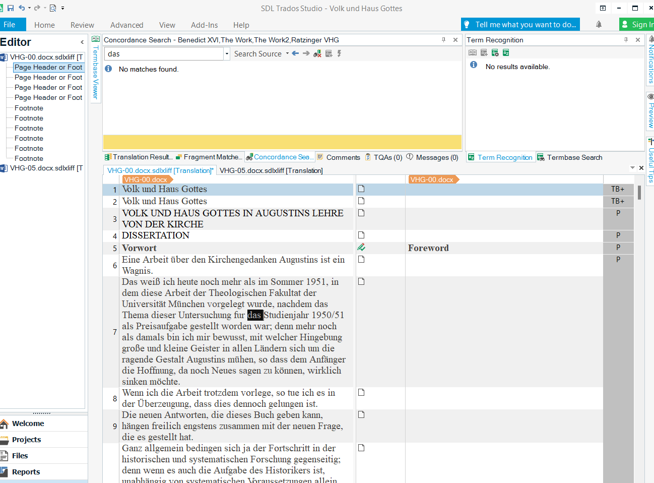 Screenshot of SDL Trados Studio's Editor with a Concordance Search panel showing 'No matches found' and a Term Recognition panel with 'No results available'.
