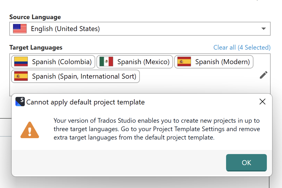 Trados Studio error message stating 'Cannot apply default project template' with an exclamation mark icon, indicating the user has exceeded the limit of three target languages.