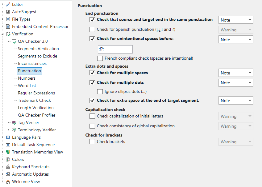 Screenshot of Trados Studio's Verification settings with checks on punctuation options including multiple spaces and extra space at the end of target segment.