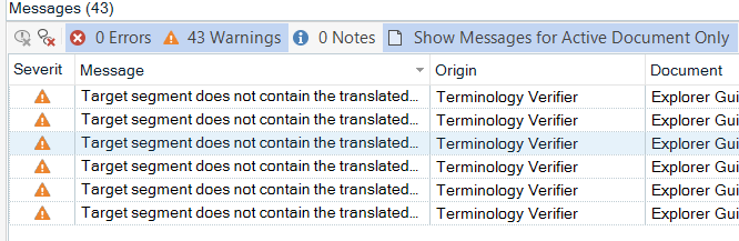Screenshot of Trados Studio's Messages panel displaying 0 Errors, 43 Warnings, and 0 Notes, with multiple warnings from the Terminology Verifier.