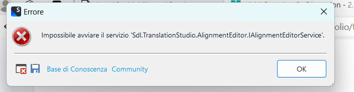 Error dialog box in Trados Studio with a red cross icon, stating 'Unable to start service 'Sdl.TranslationStudio.AlignmentEditor.IAlignmentEditorService'.' with options for Knowledge Base and Community.