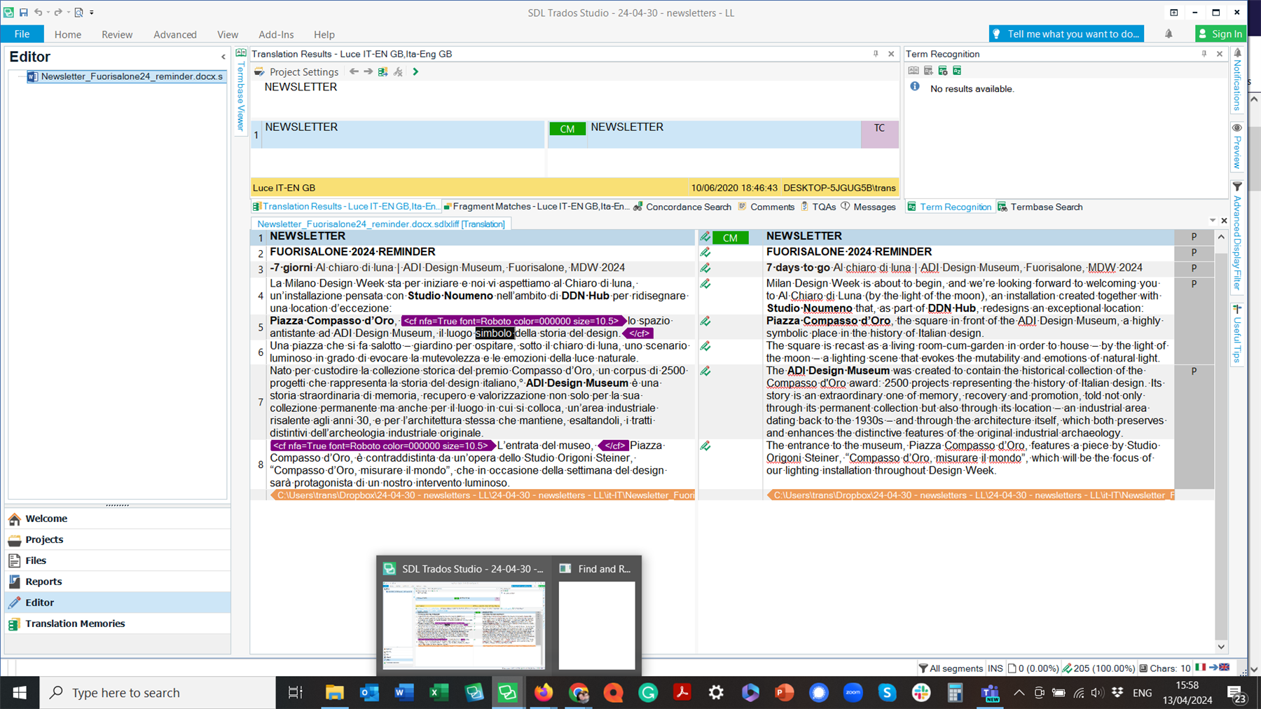 Screenshot of Trados Studio interface with an open project. The 'Find and Replace' window is missing, and there are no visible errors or warnings on the screen.