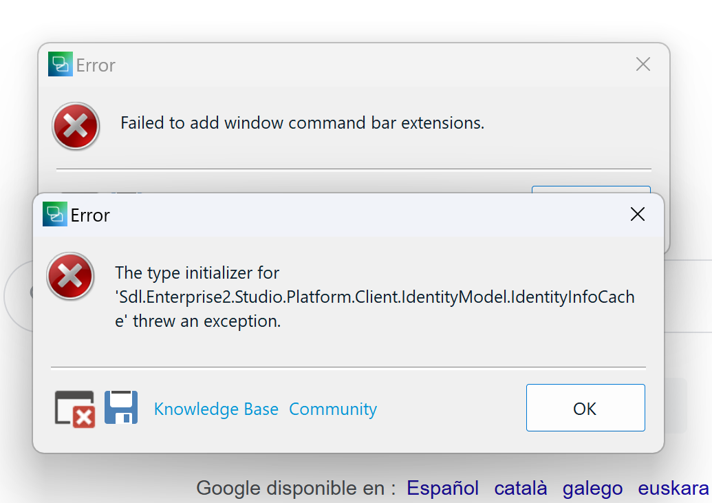 Error dialog box with a red cross icon, title 'Error', and message 'Failed to add window command bar extensions.'