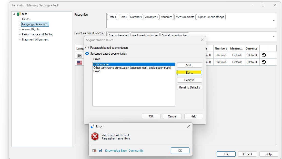 Screenshot of Trados Studio Translation Memory Settings window with an error dialog box. The error message reads 'Value cannot be null. Parameter name: item'. The Segmentation Rules tab is open with 'Sentence based segmentation' selected and 'Edit' button highlighted.
