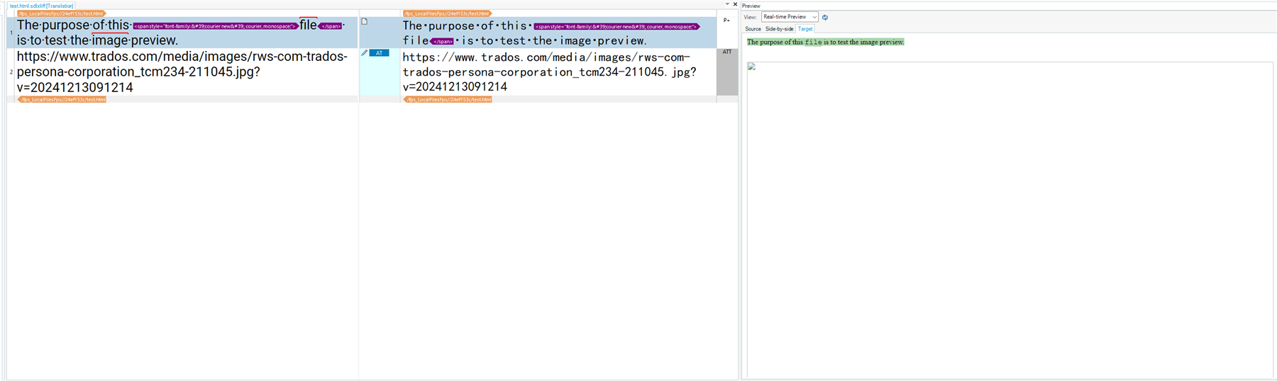Screenshot of Trados Studio showing HTML code with a missing image preview in the editing pane.