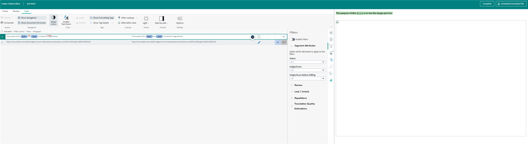 Screenshot of Trados Online Editor with the HTML document open, also missing the image preview in the editing area.
