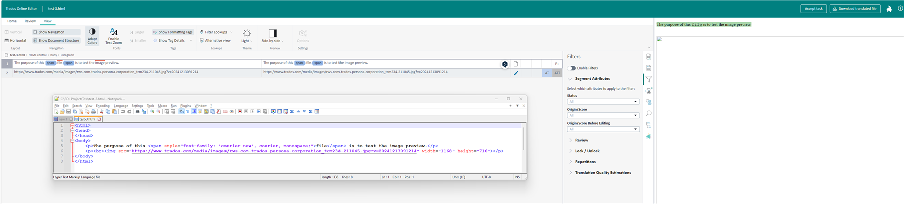 Screenshot of Trados Online Editor with a segment selected showing HTML code and a missing image preview. A separate Notepad++ window displays the HTML source code.