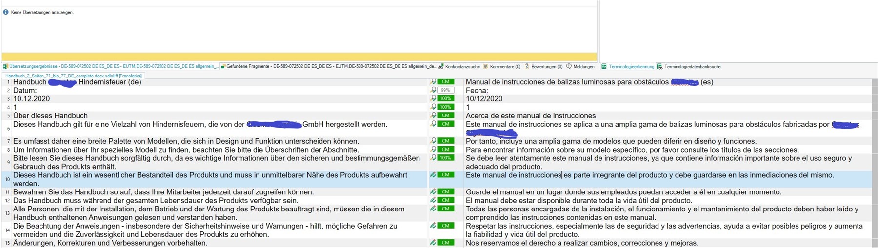 Screenshot of Trados Studio Editor view showing translation results with a message 'Keine  bersetzungen anzuzeigen' (No translations to show) at the top.
