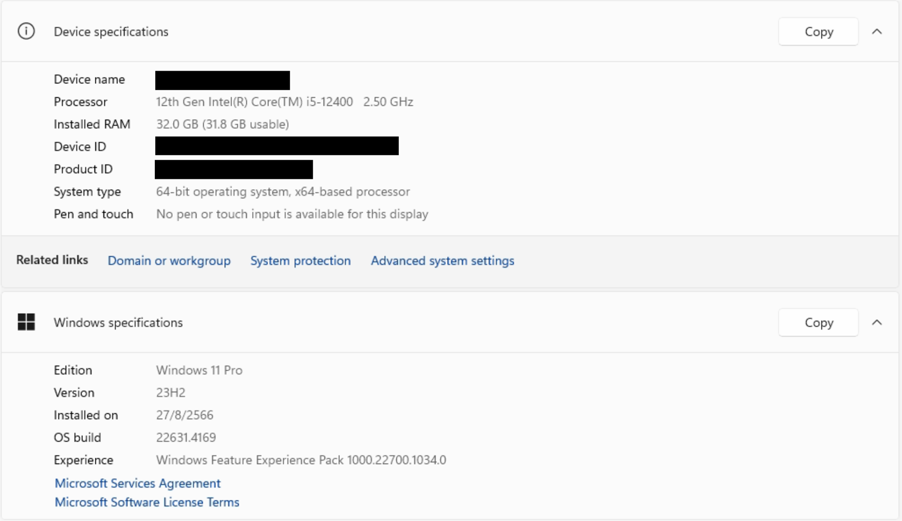 Screenshot of device specifications showing a 12th Gen Intel Core i5-12400 processor and 32.0 GB of installed RAM on a Windows 11 Pro system.