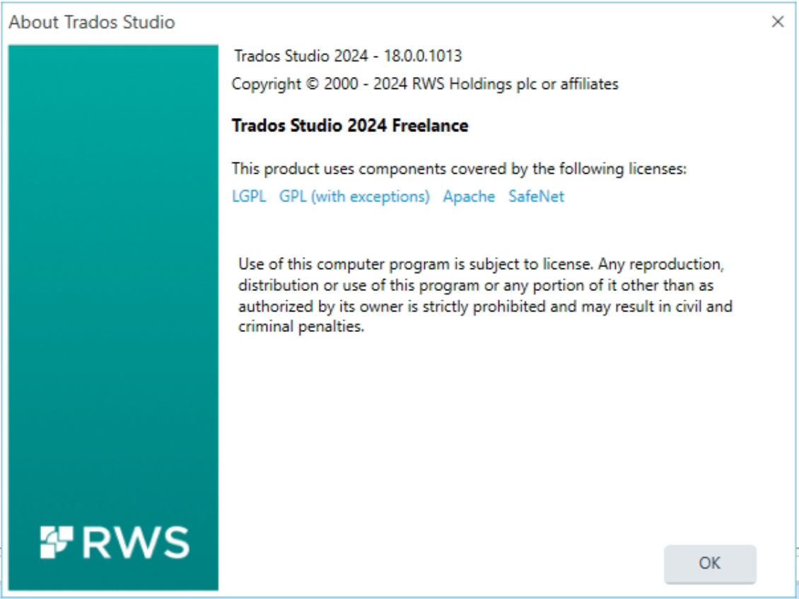 About Trados Studio dialog box showing version 2024 - 18.0.0.1013 with copyright and license information including LGPL, GPL, Apache, and SafeNet.