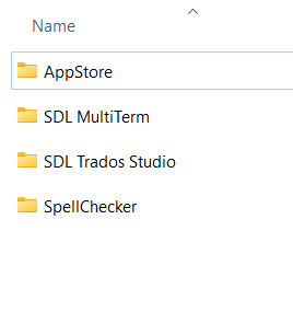 Screenshot of a file explorer window showing folders named AppStore, SDL MultiTerm, SDL Trados Studio, and SpellChecker.