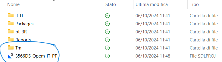 Screenshot of Trados Studio file structure with folders named 'it-IT', 'Packages', 'pt-BR', 'Reports', and a file '35665_Open_IT_PT' highlighted, all showing a green check status. Timestamps indicate last modification on 06102024 at 11:41 or 11:48.