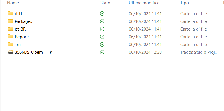 Screenshot of Trados Studio project folders with status icons indicating no errors. Folders named 'it-IT', 'Packages', 'pt-BR', 'Reports', 'Tm', and a file '3566DS_Open_IT_PT' with last modified dates on 06102024.