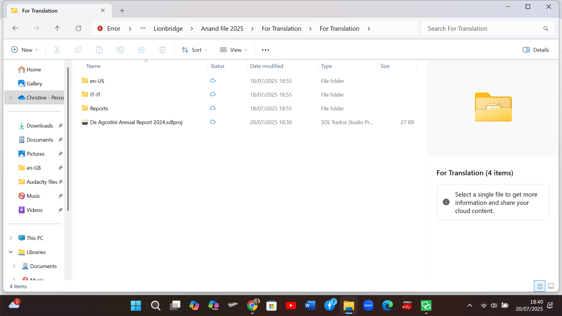 File Explorer window showing the 'For Translation' folder with four items: en-US, IT-IT, Reports folders, and a file named 'De Agostini Annual Report 2024.sdlproj'.