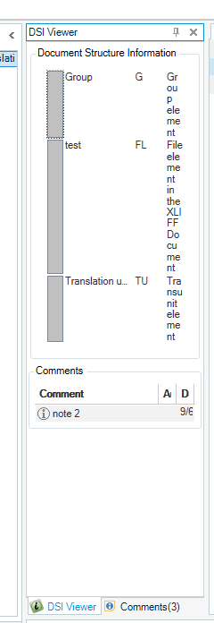 DSI Viewer panel in Trados Studio showing a collapsed document structure with a 'test' file and other elements.