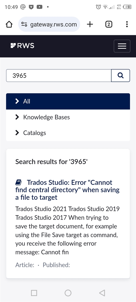 Mobile screenshot of RWS gateway search results for '3965' showing an article titled 'Trados Studio: Error Cannot find central directory' when saving a file to target.