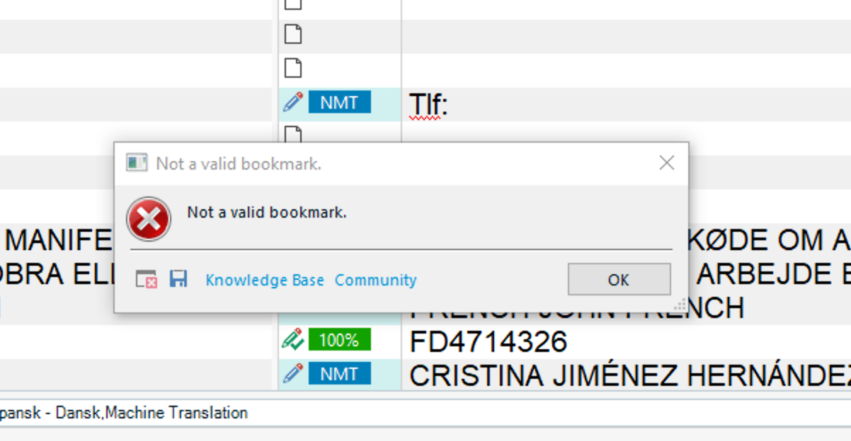 Error message popup in Trados Studio saying 'Not a valid bookmark.' with an OK button.