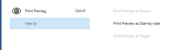 Trados Studio screenshot showing the Print Preview dropdown menu with 'Print Preview as Target' option greyed out and unclickable.