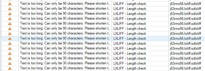 Screenshot of Trados Studio QA error report showing multiple 'Text is too long' warnings with character limits specified, alongside 'XLIFF - Length check' labels.