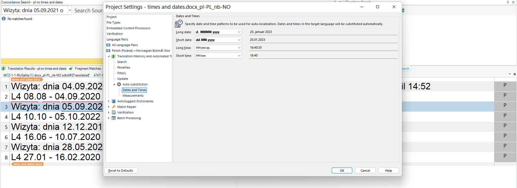 Trados Studio project settings window with date and time patterns for auto-localization, with no visible errors.