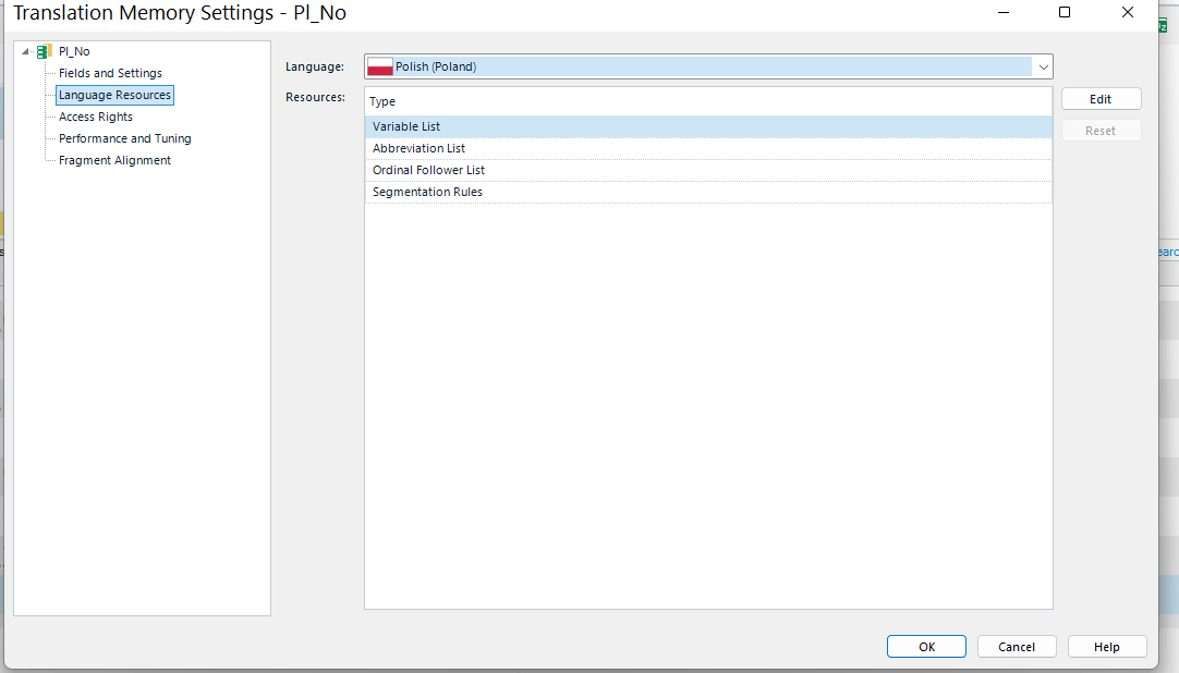 Trados Studio translation memory settings for Polish to Norwegian language pair, showing various lists and rules.
